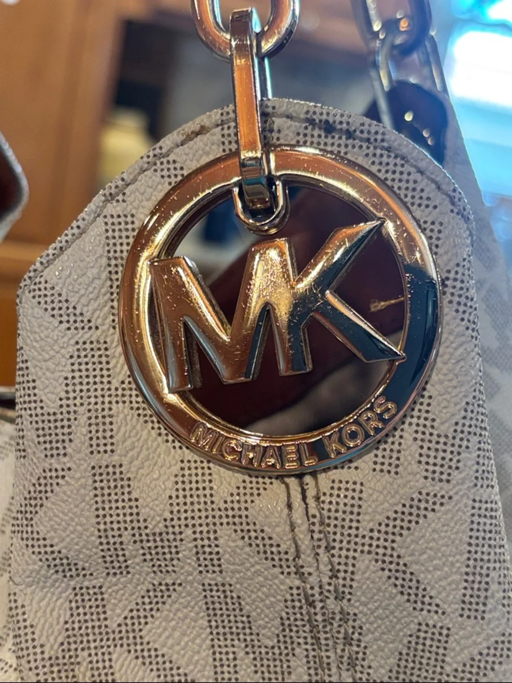 Michael Kors Fulton Large Chain Shoulder Tote in a vanilla MK pattern with Brown - Picture 9 of 17